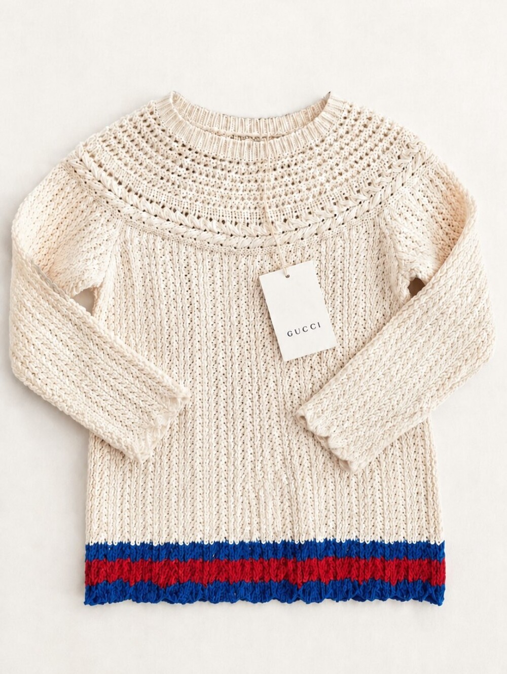 NWT Gucci Kids Cream Knit Pointelle Crochet Sweater Red Blue Girls 4 NEW